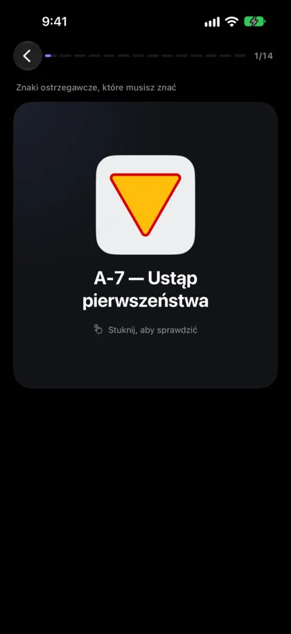 Fiszka w lekcji Teoria+: znak A-7 Ustąp pierwszeństwa.