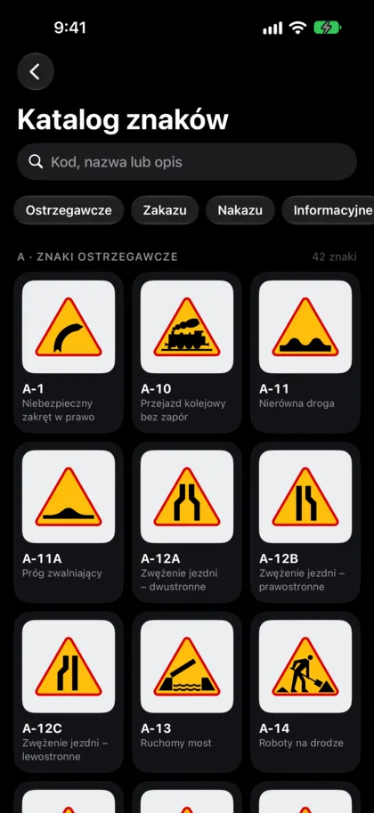 Katalog znaków w Teoria+: wyszukiwarka, kategorie i siatka znaków ostrzegawczych A-1, A-10, A-11.